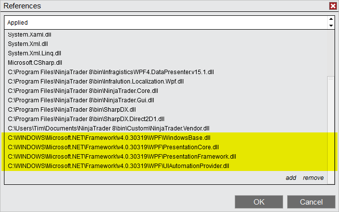 Click image for larger version

Name:	Default NinjaScript x86 NET references.png
Views:	133
Size:	26.6 KB
ID:	1233217